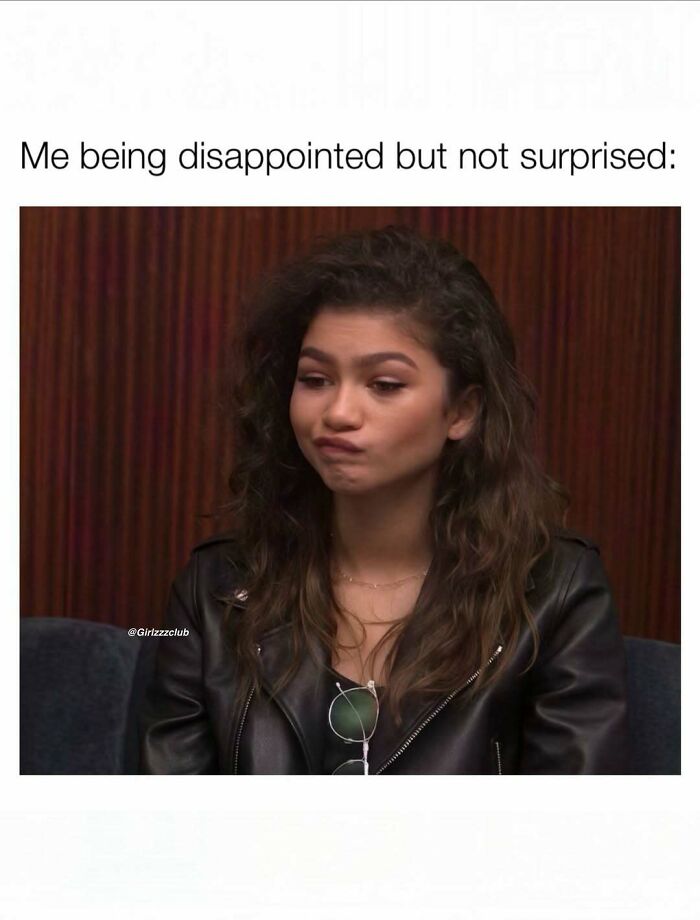 Zendaya making a disappointed face in a funny meme about the realities of being a woman