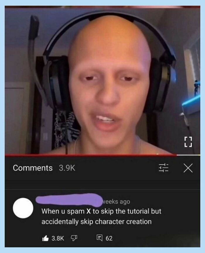 A funny meme of a bald person and a YouTube comment about skipping character creation.