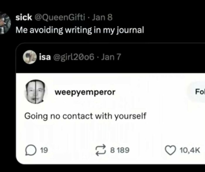 A screenshot from social media displaying strange internet content about avoiding journaling by going no contact with oneself.