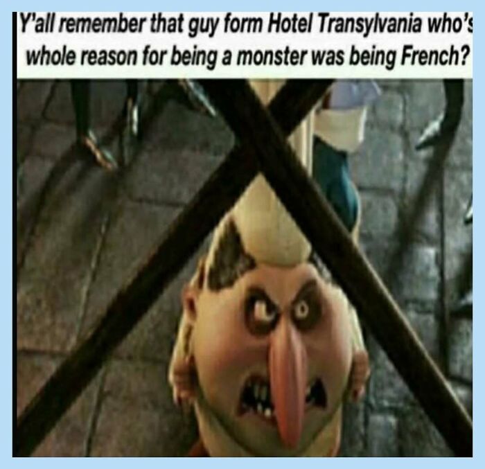 Funny memes with a character from Hotel Transylvania looking angry and upside down, framed by two dark bars.