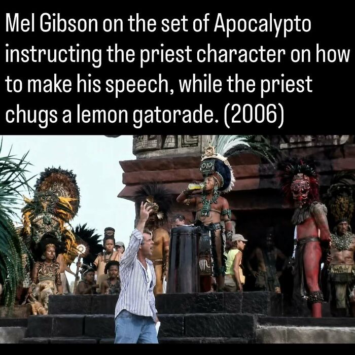 Behind the scenes photos showing Mel Gibson on set directing the 2006 film Apocalypto