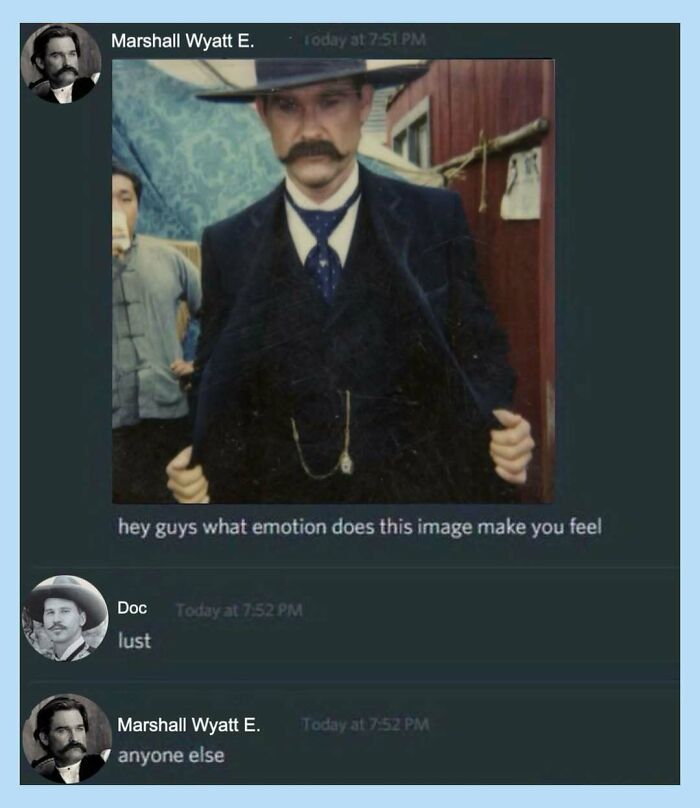 Funny memes with a man in a cowboy hat and mustache, asking about emotions, replied with lust.