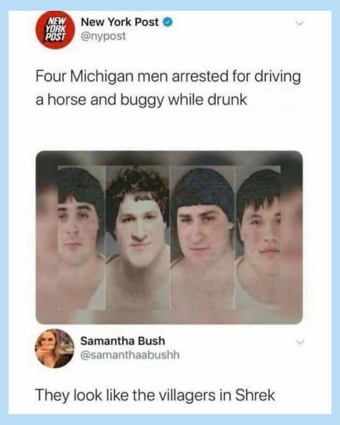 Funny meme showing mugshots of four Michigan men arrested for driving a horse and buggy while drunk.