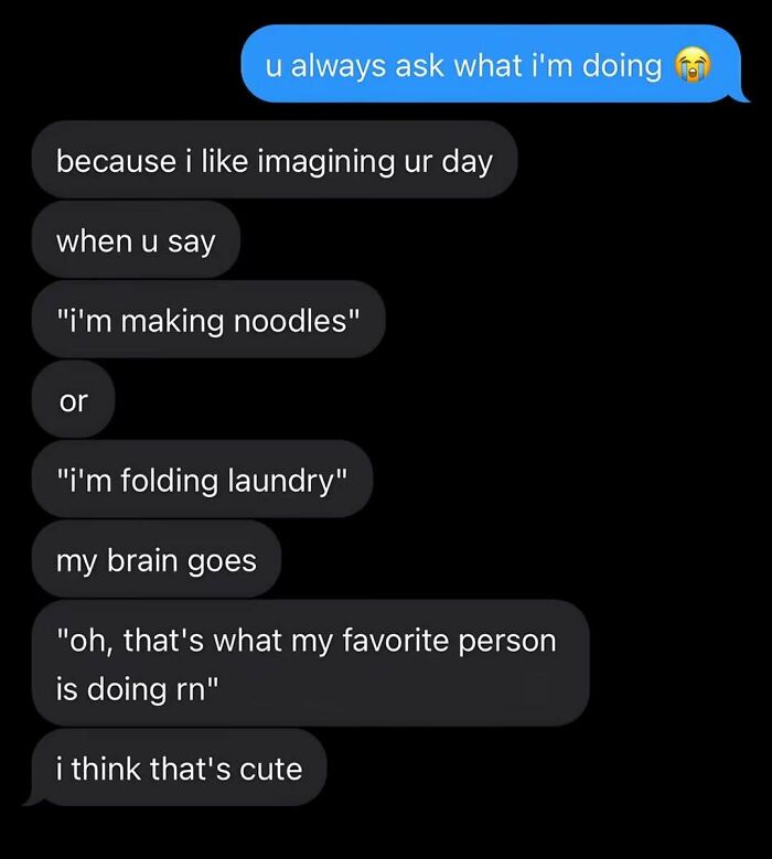 A screenshot of a text message conversation about imagining a person's day, highlighting unfiltered internet interactions.