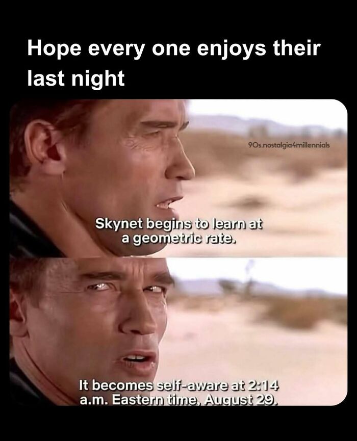 Arnold Schwarzenegger Terminator 2 movie scene meme referencing nostalgic pics and Skynet self awareness