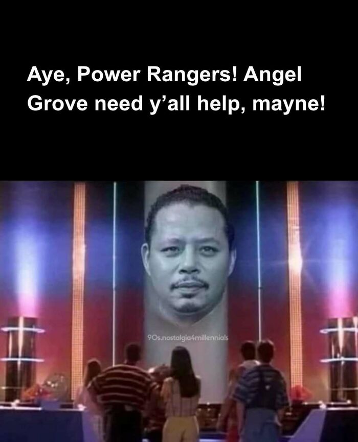 A funny 90s nostalgic meme featuring a Power Rangers scene with Terrence Howard as Zordon