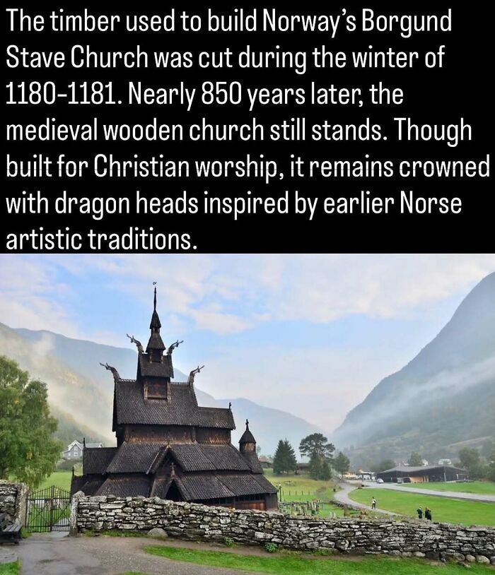 Borgund Stave Church in Norway, a structure showing the past with medieval wood and Norse dragon heads.