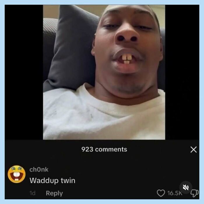 A funny meme of a man with prominent gap teeth, captioned Waddap twin with an emoji of gap teeth.