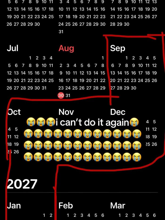 A screenshot of a calendar marked with crying emojis, representing the internet at its strangest and most unfiltered.