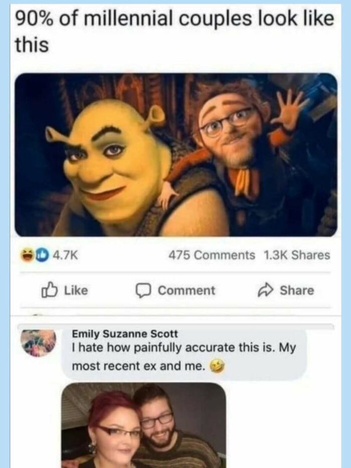 Funny memes showing a comparison between animated Shrek and Lord Farquaad with a real-life couple, highlighting millennial humor.