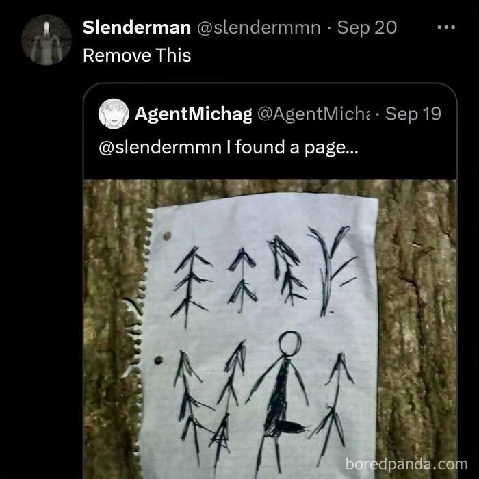 Hilarious memes: Tweet from Slenderman asking to remove a hand-drawn page.