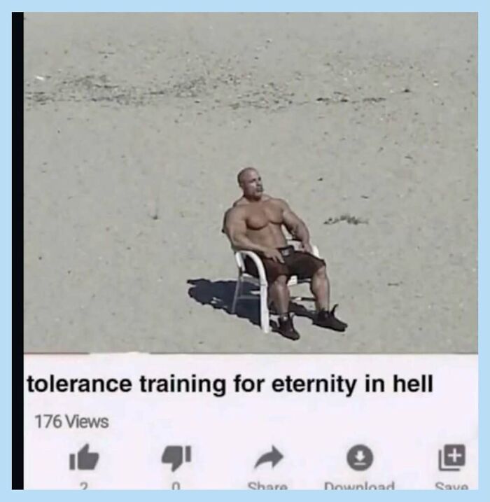 A funny meme showing a muscular man sitting on a chair in a vast, empty sandy area, labeled tolerance training.