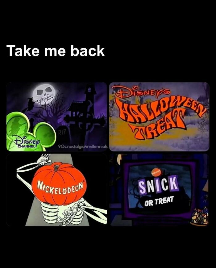 Four classic Halloween TV logos including Disney and Nickelodeon, capturing 90s nostalgic pics of fall.