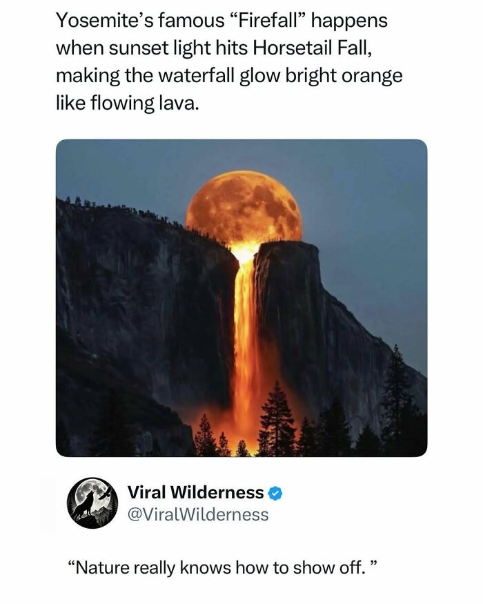 Yosemite Firefall glowing bright orange waterfall with sunset and full moon
