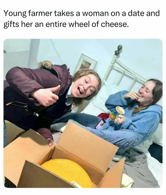 Farmer gifting a wheel of cheese on a date, one of the random finds from the internet