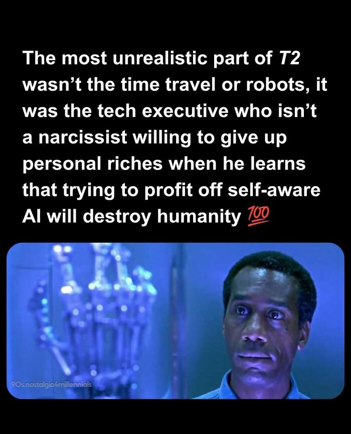 Meme featuring Terminator 2 character Miles Dyson, illustrating nostalgic pics from the 90s.