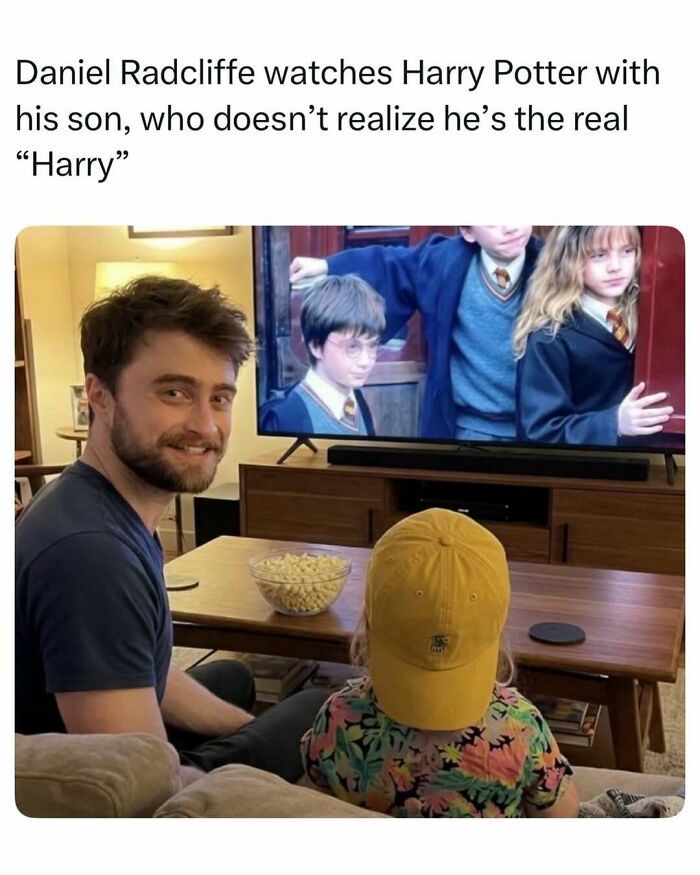 Daniel Radcliffe watching Harry Potter on TV with his young son, a fascinating stories moment shared online.