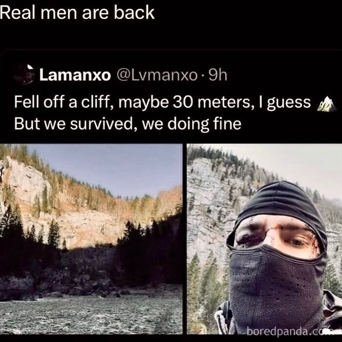 A tweet about surviving a cliff fall beside a man in a mask, highlighting funny memes