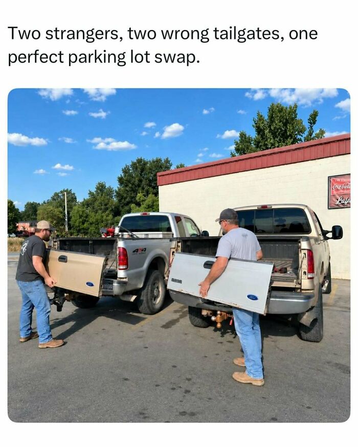 Two men swapping truck tailgates, showing fascinating stories of random coincidences.