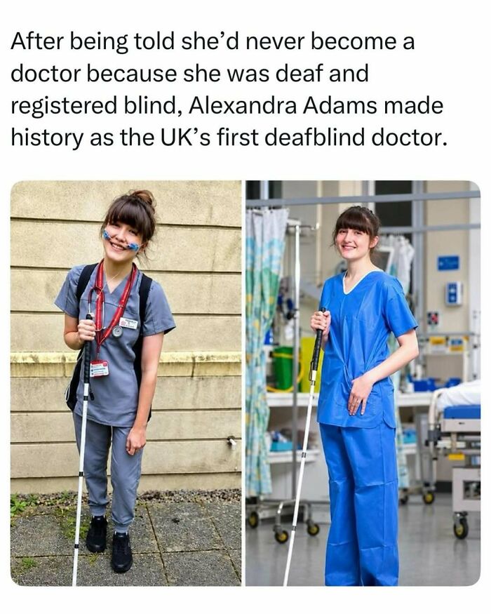 Two photos of Alexandra Adams, the UK's first deafblind doctor, representing inspiring and fascinating stories.