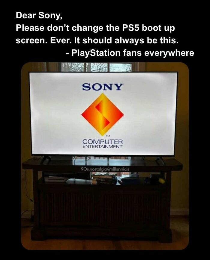 The iconic original PlayStation startup screen on a TV, a highlight among 90s nostalgic pics of gaming.