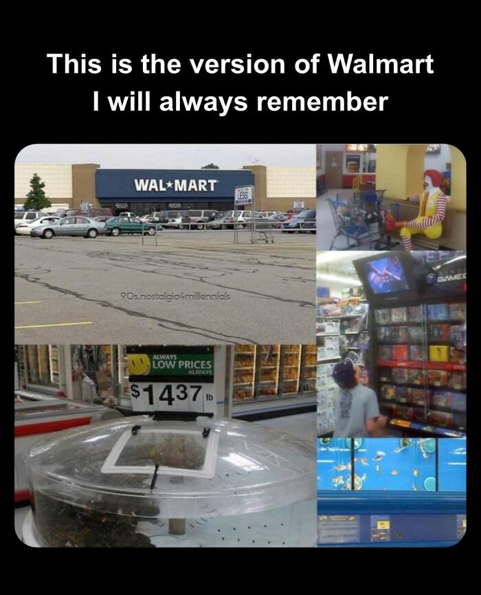 A collage of vintage 90s pics showing a classic Walmart storefront, Ronald McDonald, and a gaming station
