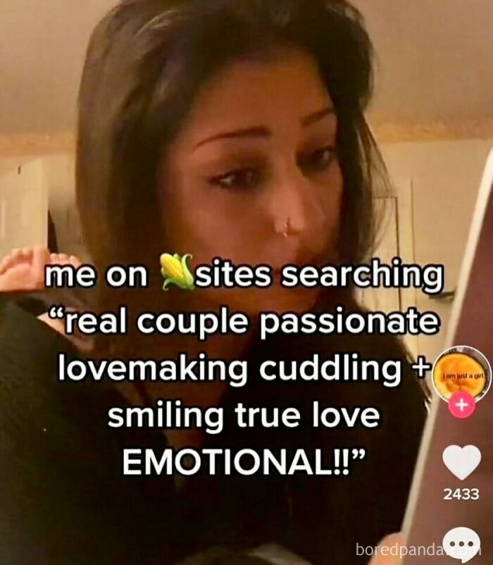 Woman looking at a screen with hilariously ridiculous memes about searching for love on adult sites.
