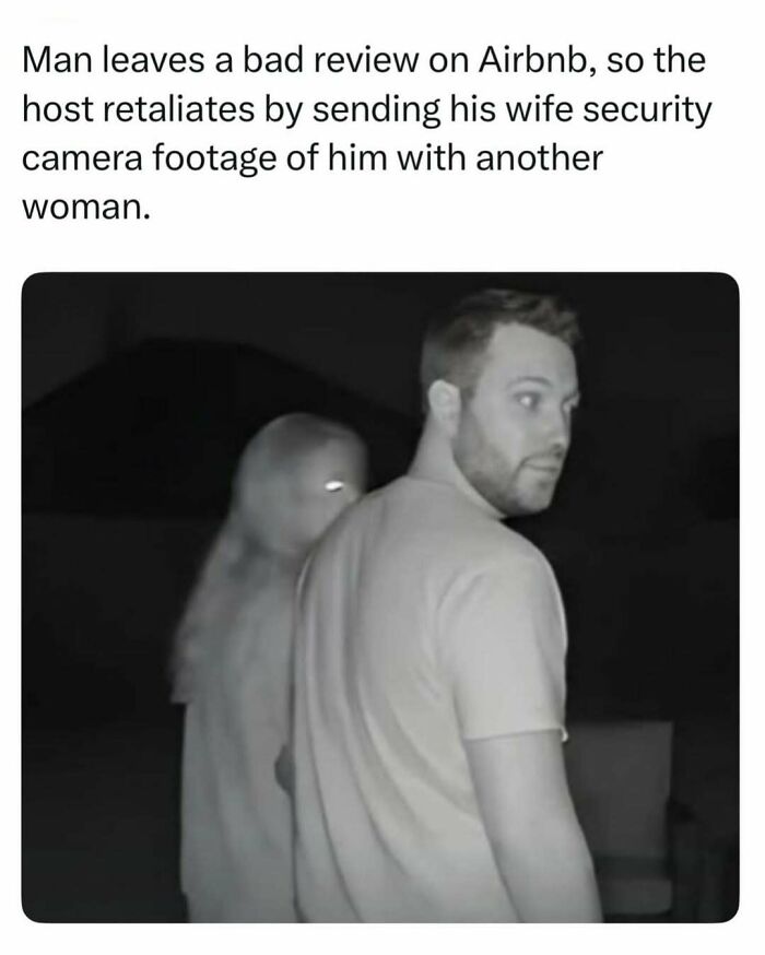 An intriguing random find showing dark night-vision security camera footage of a man walking past with a woman