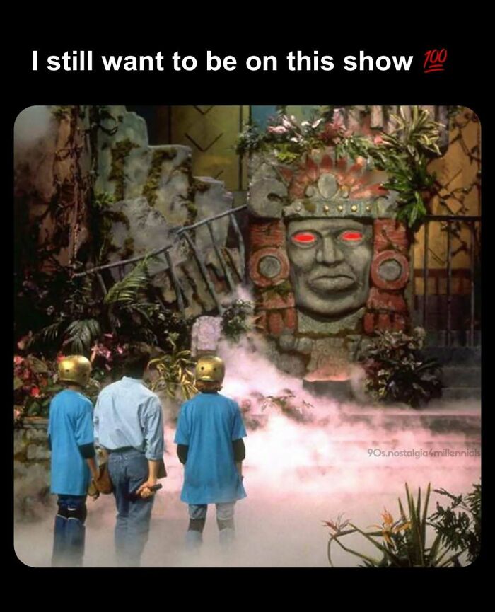 Nostalgic pics of kids on a 90s game show set, featuring the giant stone face of Olmec.