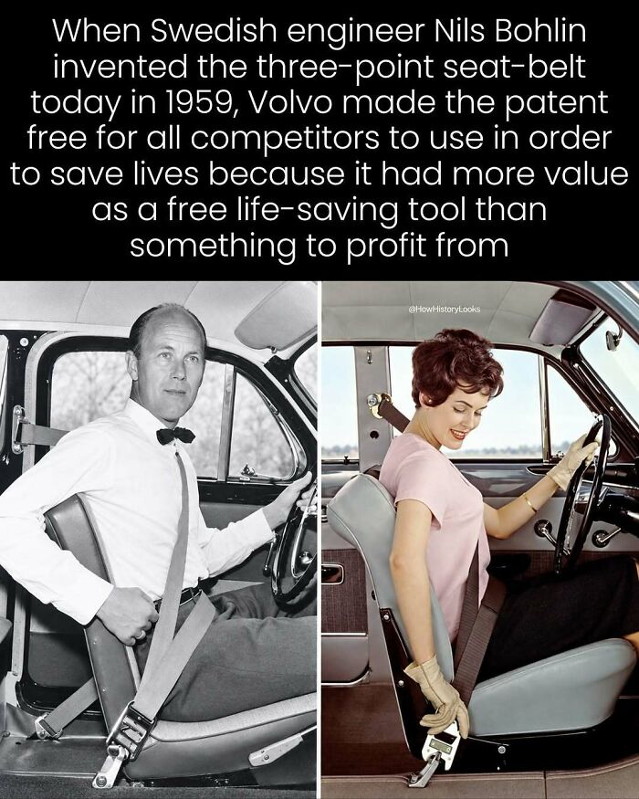 Historical demonstration of the three-point seatbelt, featured in photos from history.