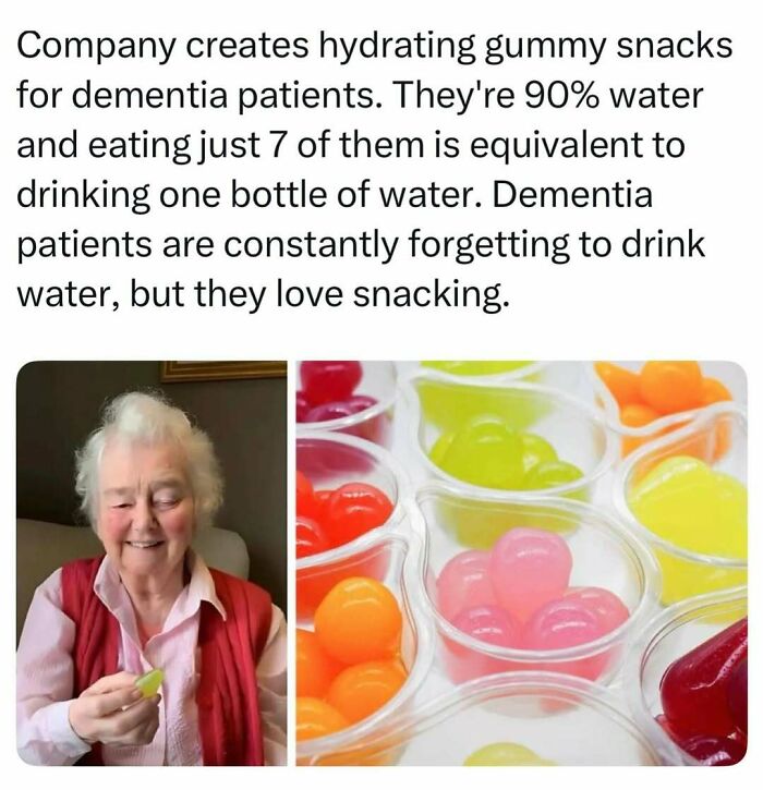 An elderly woman smiling while eating hydrating gummy snacks, showing fascinating stories