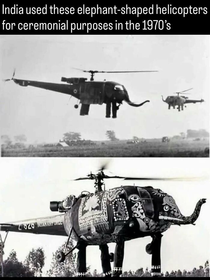 An archival black and white photograph depicting decorated Indian elephant-shaped helicopters from the 1970s.