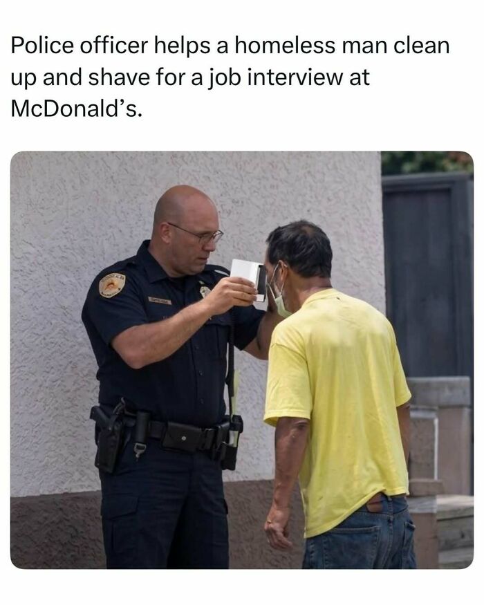 Police officer assisting a man with a shave, a heartwarming moment among random finds on the internet.
