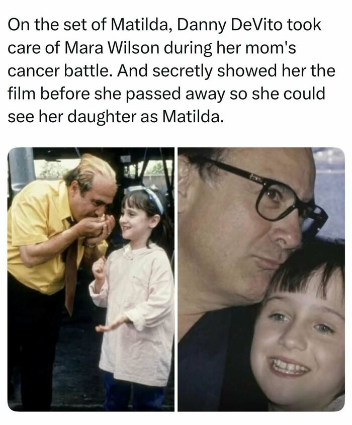 Danny DeVito and Mara Wilson on the set of Matilda, showcasing fascinating stories from the internet.