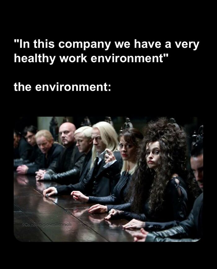 D***h Eaters gathered around a table in a meme about toxic workplaces, sharing 90s nostalgic pics vibes.
