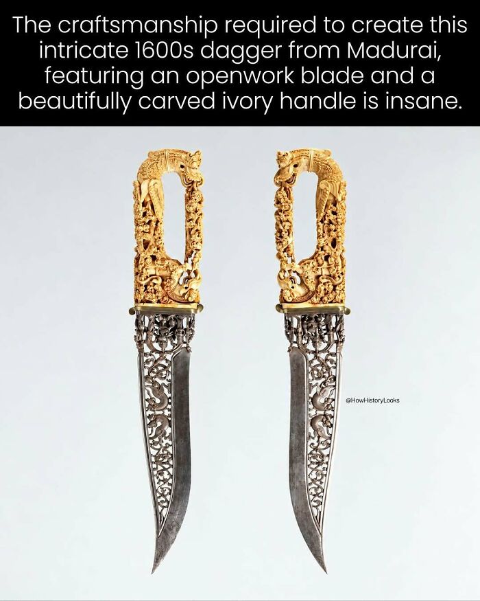 A detailed view of an ornate 1600s Indian dagger, part of photos from history that might change your perspective.
