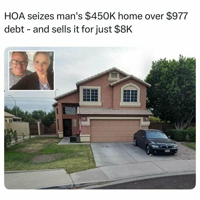 A suburban two-story house with a black car in the driveway, reflecting fascinating stories about HOA property disputes