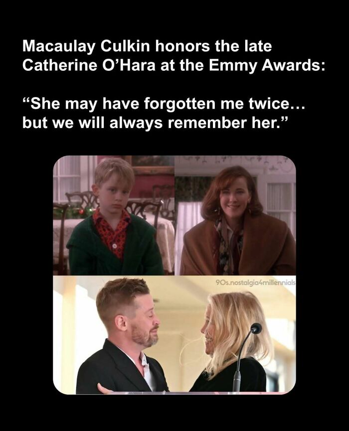 Split screen of Home Alone movie scenes and Macaulay Culkin with Catherine O'Hara, invoking 90s nostalgia