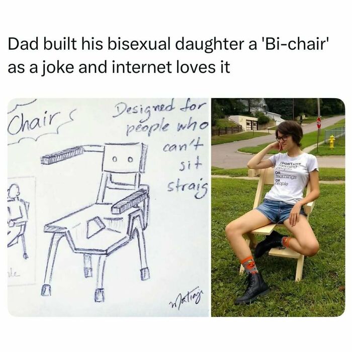 A girl sitting on a custom wooden bi-chair next to a design sketch, showing fascinating stories of creativity.