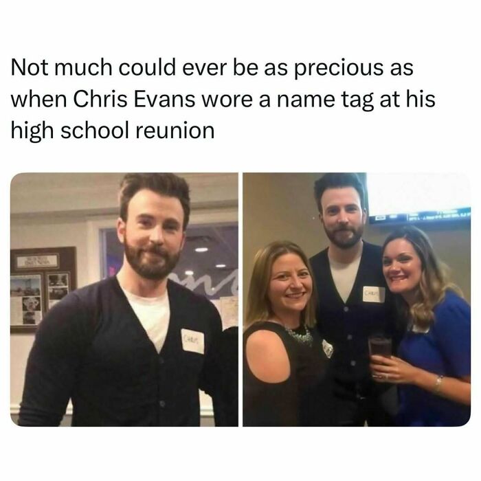 A wholesome random find showing actor Chris Evans wearing a name tag at his high school reunion with former classmates