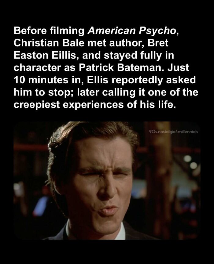 A close-up of Christian Bale as Patrick Bateman in American Psycho, capturing 90s nostalgic movie vibes