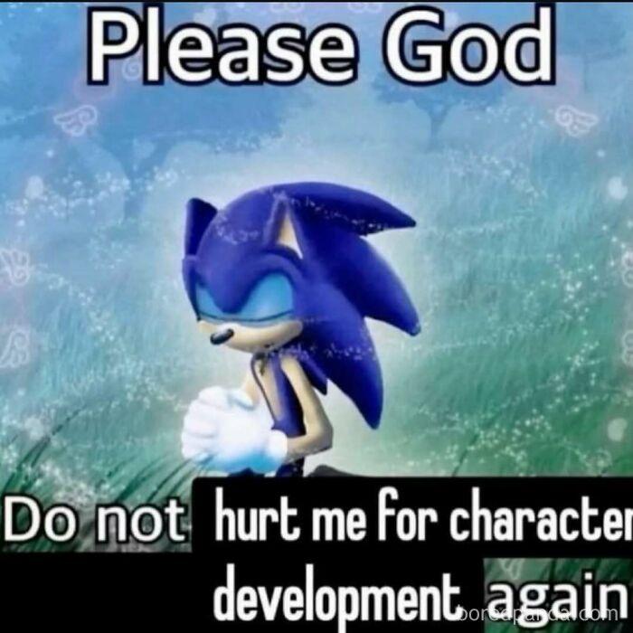 Sonic the Hedgehog praying in a meme format as one of many ridiculous memes about character development