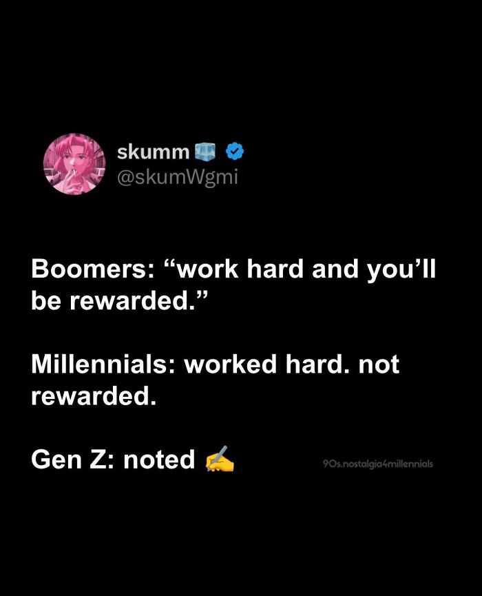 A social media post about generational work ethic differences invoking nostalgic pics
