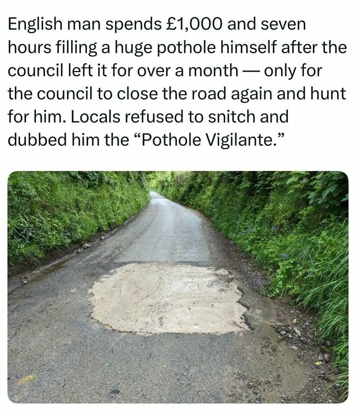 A newly patched pothole on a narrow paved road, highlighting fascinating stories from around the internet