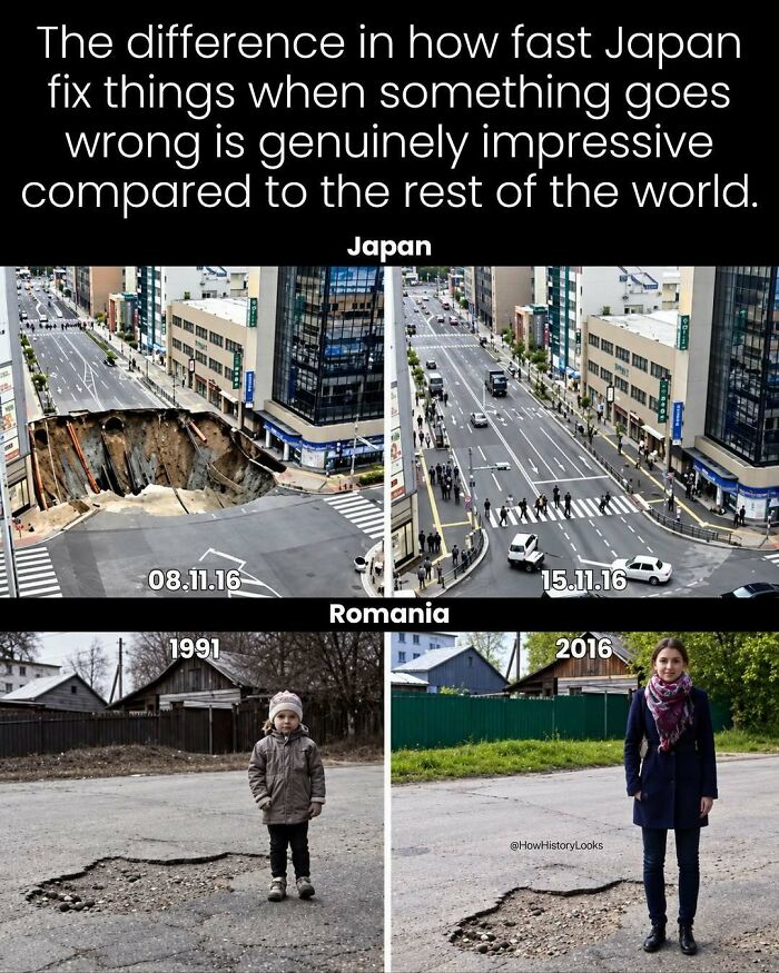 Photos from history showing a contrast in road repair speed in Japan versus Romania