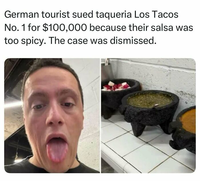 Meme about a spicy salsa lawsuit with a man showing his tongue and salsa bowls, representing fascinating stories.