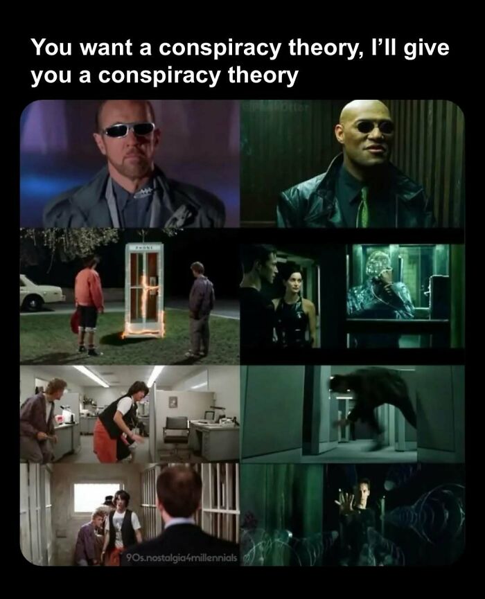 Parallel scenes from Bill & Ted and The Matrix as part of 90s nostalgic pics comparisons.