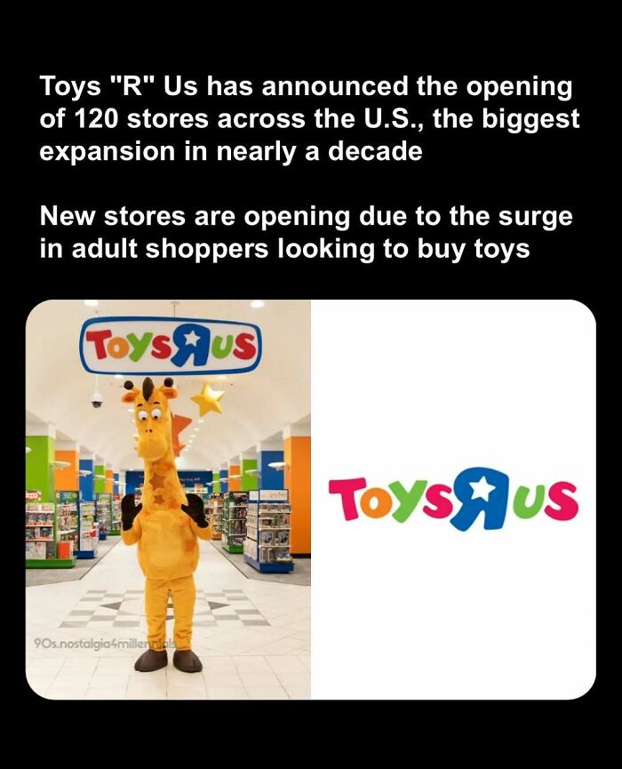 Toys R Us mascot Geoffrey the Giraffe and brand logo representing nostalgic pics from the 90s.