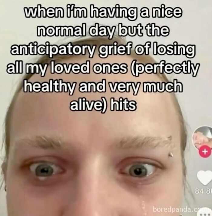 Hilarious memes: Closeup of a tearful face with funny text about overthinking.