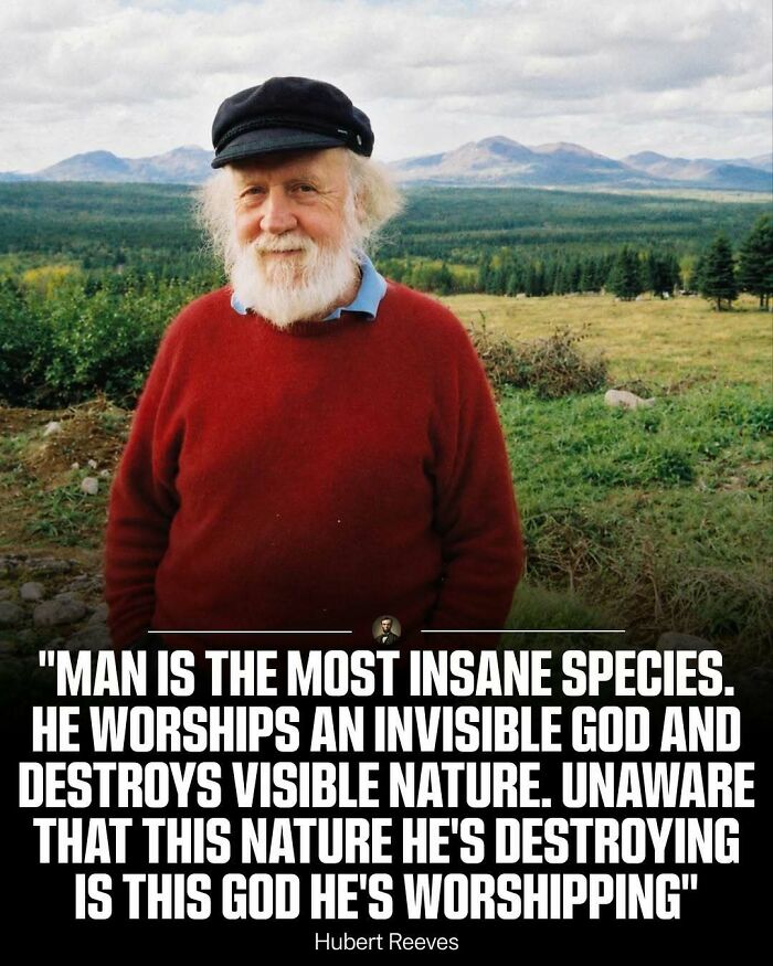Hubert Reeves wearing a red sweater and black cap in front of mountains with a quote on nature